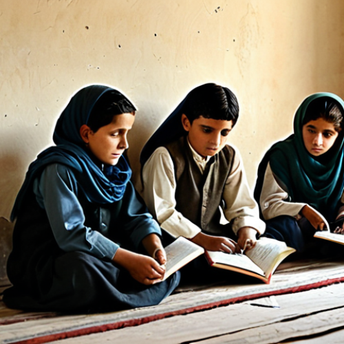 **Prompt 1: Resilience in Education**
    A group of resilient Afghan children, both boys and girls, fully clothed in modest, traditional attire, are depicted sitting on the ground in a simple, humble room bathed in soft, natural sunlight. They are attentively gathered around a worn textbook or a simple slate, engaged in a learning activity. The scene emphasizes their eagerness to learn and the enduring spirit of education despite limited resources. The background is simple and rustic, conveying a sense of quiet determination and hope.
    safe for work, appropriate content, fully clothed, family-friendly, perfect anatomy, correct proportions, natural pose, well-formed hands, proper finger count, natural body proportions, professional photography, high quality, soft natural lighting, realistic portrait.