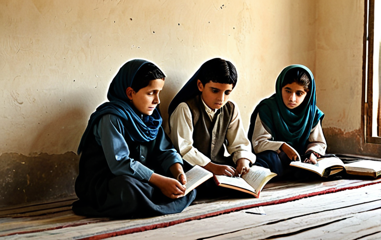 **Prompt 1: Resilience in Education**
A group of resilient Afghan children, both boys and girls, fully clothed in modest, traditional attire, are depicted sitting on the ground in a simple, humble room bathed in soft, natural sunlight. They are attentively gathered around a worn textbook or a simple slate, engaged in a learning activity. The scene emphasizes their eagerness to learn and the enduring spirit of education despite limited resources. The background is simple and rustic, conveying a sense of quiet determination and hope.
safe for work, appropriate content, fully clothed, family-friendly, perfect anatomy, correct proportions, natural pose, well-formed hands, proper finger count, natural body proportions, professional photography, high quality, soft natural lighting, realistic portrait.