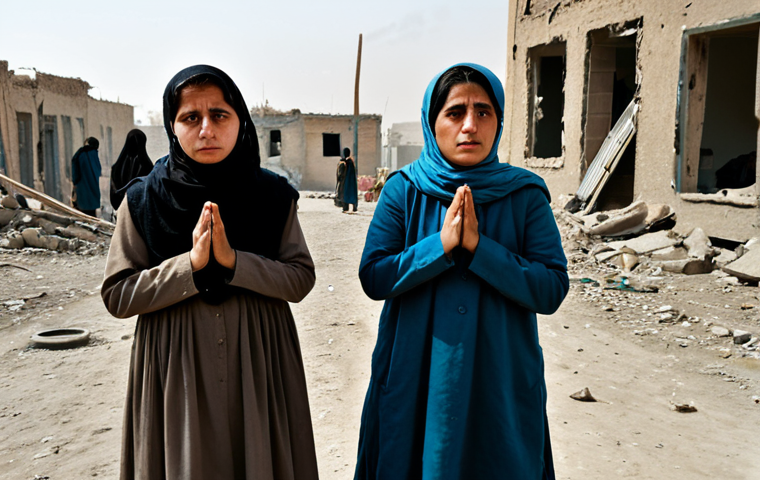 A group of fully clothed Afghan women in modest attire, standing in a war-torn city, expressing despair and concern. Background: ruined buildings, dust, and displaced people. Style: Documentary photography, high resolution, realistic. safe for work, appropriate content, professional, family-friendly, perfect anatomy, natural proportions, well-formed hands, proper finger count.