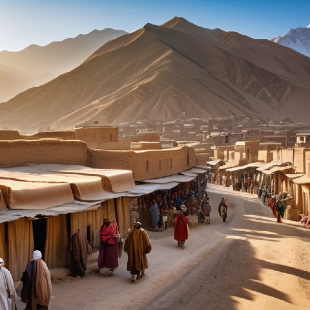 아프가니스탄 여행 금지 구역 - **Prompt:** "A vibrant, panoramic view of a bustling ancient city along the historic Silk Road in Af...