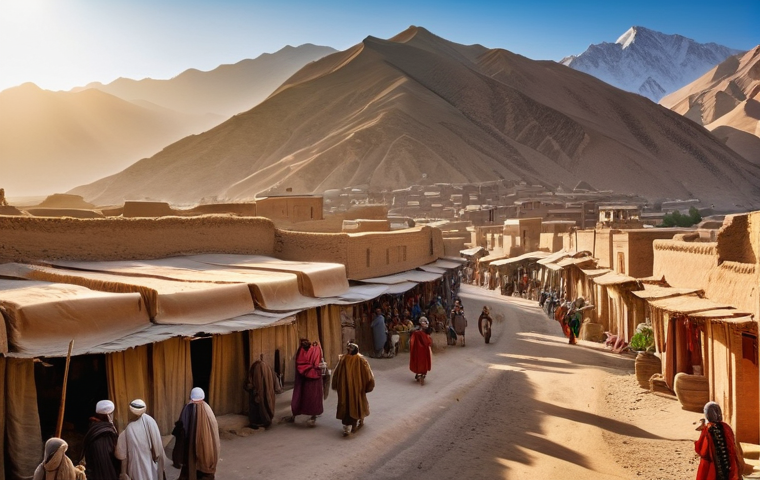 아프가니스탄 여행 금지 구역 - **Prompt:** "A vibrant, panoramic view of a bustling ancient city along the historic Silk Road in Af...