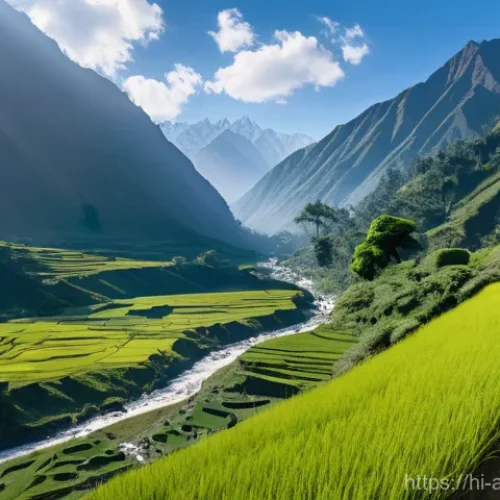 파이저버드 트레킹 루트 - **Prompt 1: Serene Himalayan Trek with Morning Sun**
    "A breathtaking panoramic view of lush gree...
