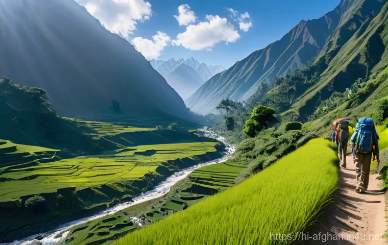 파이저버드 트레킹 루트 - **Prompt 1: Serene Himalayan Trek with Morning Sun**
    "A breathtaking panoramic view of lush gree...