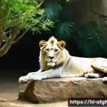 카불 동물원 탐방 - A detailed and vibrant scene of a white lion resting peacefully in a lush, jungle-like enclosure des...