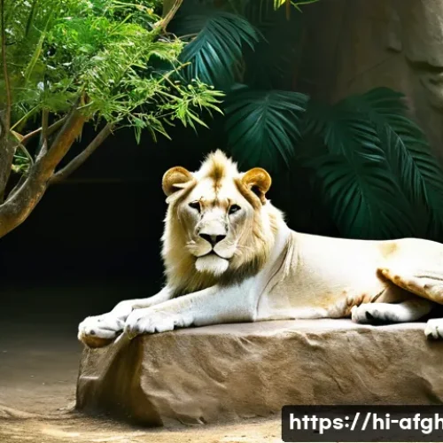 카불 동물원 탐방 - A detailed and vibrant scene of a white lion resting peacefully in a lush, jungle-like enclosure des...