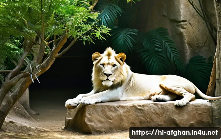 카불 동물원 탐방 - A detailed and vibrant scene of a white lion resting peacefully in a lush, jungle-like enclosure des...
