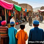 아프가니스탄의 다언어 정책 - A vibrant street scene in a diverse Afghan village showcasing people from different ethnic groups su...