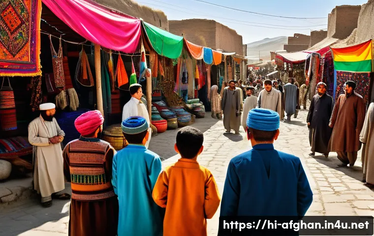 아프가니스탄의 다언어 정책 - A vibrant street scene in a diverse Afghan village showcasing people from different ethnic groups su...