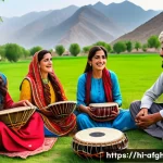 파슈토 문학 작품 소개 - A vibrant rural Pashto community scene depicting a group of men and women in traditional colorful at...