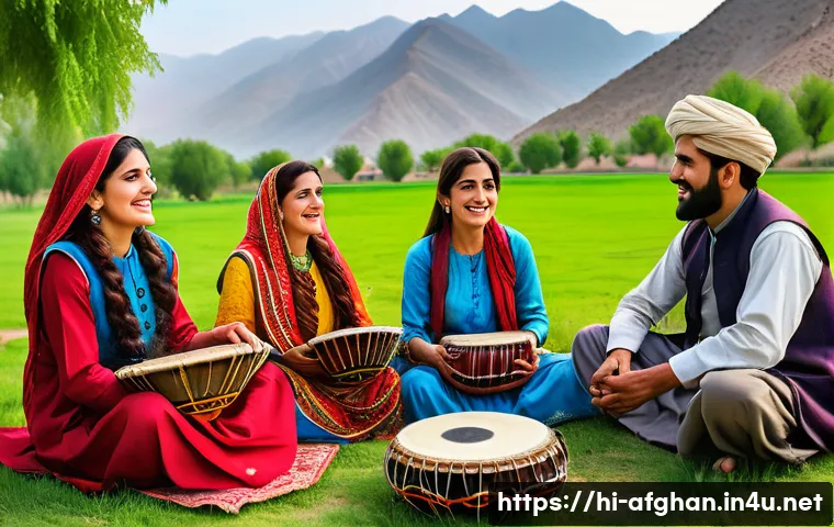 파슈토 문학 작품 소개 - A vibrant rural Pashto community scene depicting a group of men and women in traditional colorful at...