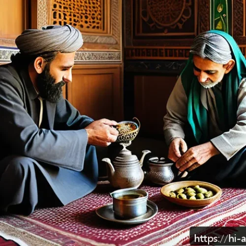 아프가니스탄 전통 차 문화 - A traditional Afghan tea ceremony scene in a warmly lit, rustic home interior with elderly and young...