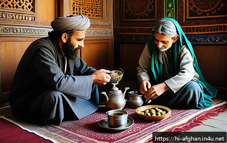 아프가니스탄 전통 차 문화 - A traditional Afghan tea ceremony scene in a warmly lit, rustic home interior with elderly and young...