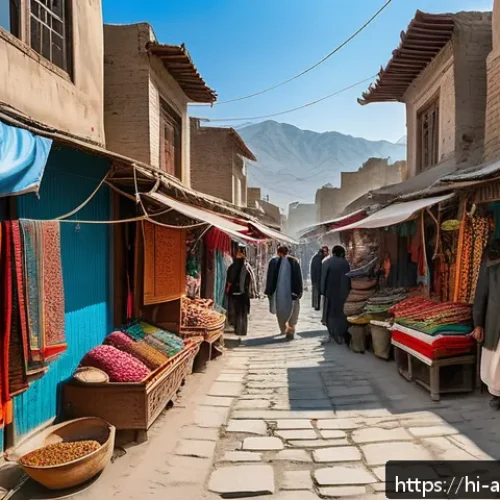 카불 관광 명소 - A vibrant scene of Kabul&rsquo;s old city streets during springtime, showcasing narrow, winding alleys bus...