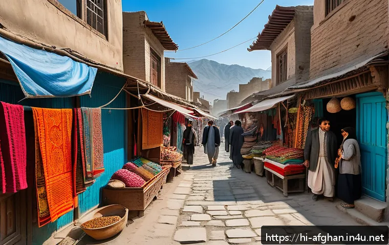 카불 관광 명소 - A vibrant scene of Kabul’s old city streets during springtime, showcasing narrow, winding alleys bus...