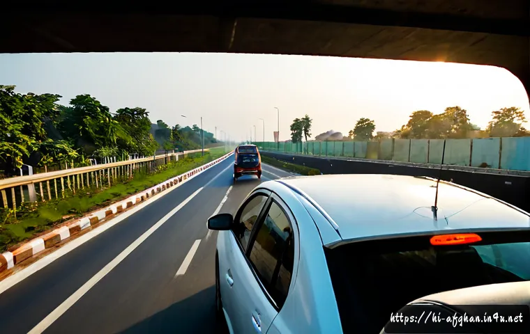 Home 17 인접 국가에서의 육로 이동 - Photorealistic wide-angle scene of an Indian family traveling by road toward a neighboring country b...